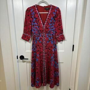 Women’s Red Saloni Silk Midi Dress Size 2 Ready To Wear Floral Luxury Old Money